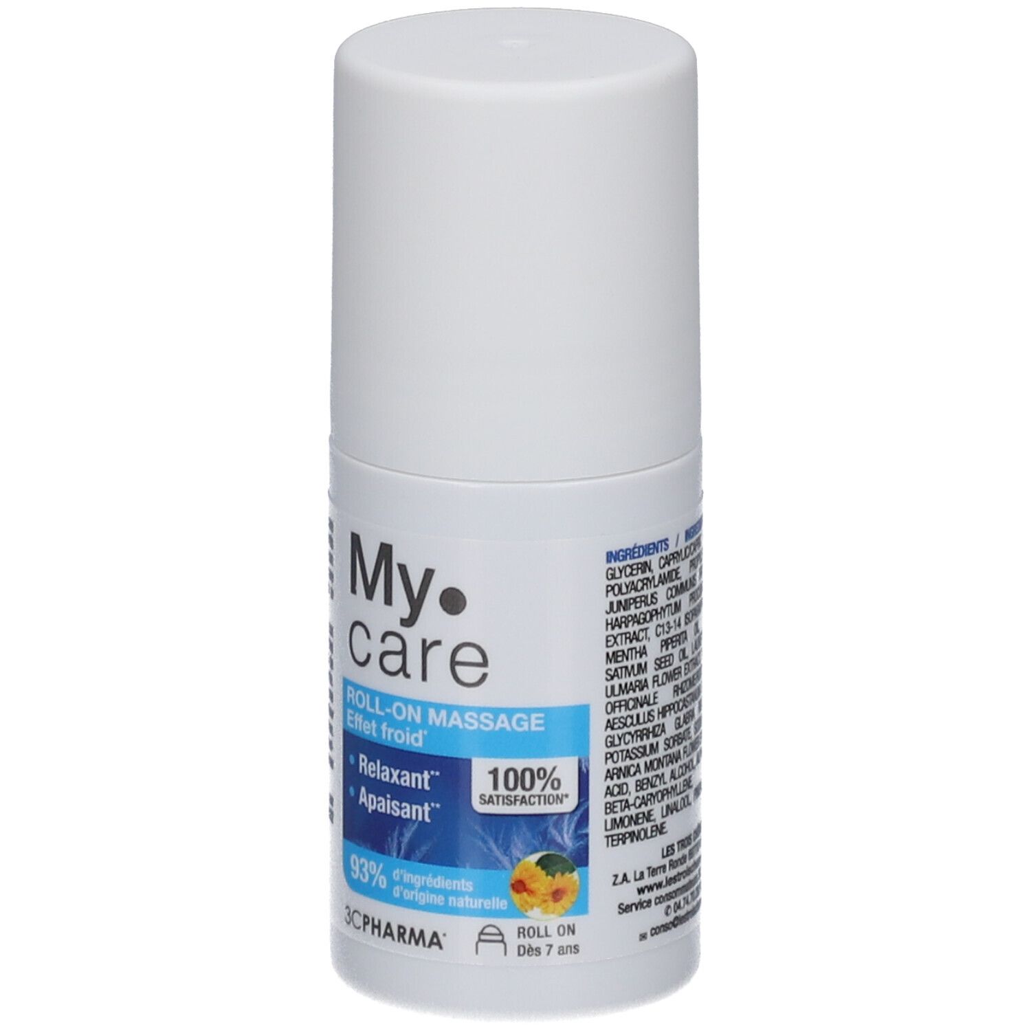 Witte roll-on massagegel. Opschrift: My Care, Roll-on massage, 93% ingrediënten van natuurlijke oorsprong. 100% tevredenheid.