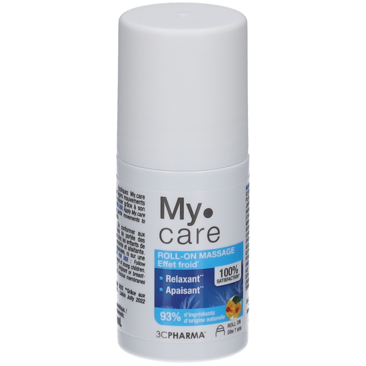 Witte roll-on massagegel. Opschrift: My Care, Roll-on massage, 93% ingrediënten van natuurlijke oorsprong. 100% tevredenheid.