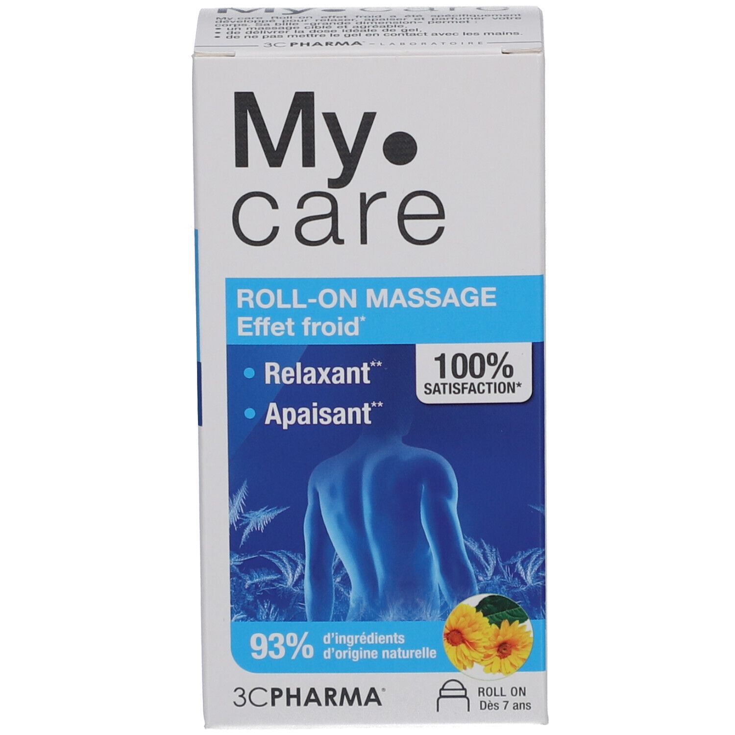 Productverpakking. Opschrift: My Care, Roll-on massage, 93% ingrediënten van natuurlijke oorsprong. 100% tevredenheid.