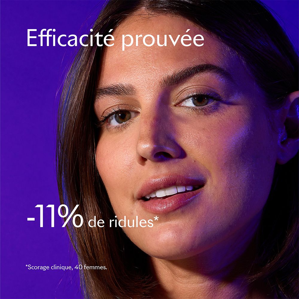 Portrait d'une femme. Texte : Efficacité prouvée, -11% de rides*. Fond : Violet.