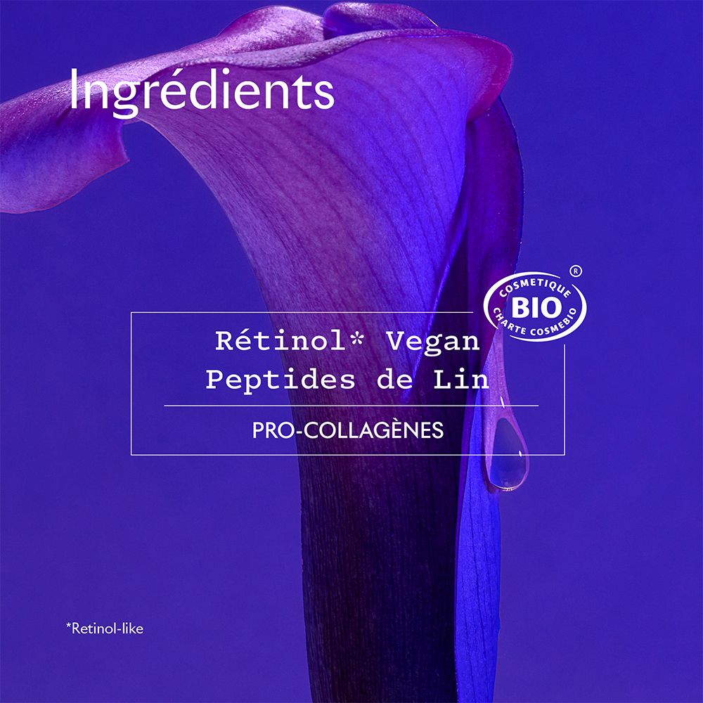 Gros plan sur une fleur violette. Texte: Ingrédients, Rétinol Vegan, Peptides de Lin, Pro-collagènes. Label Bio.