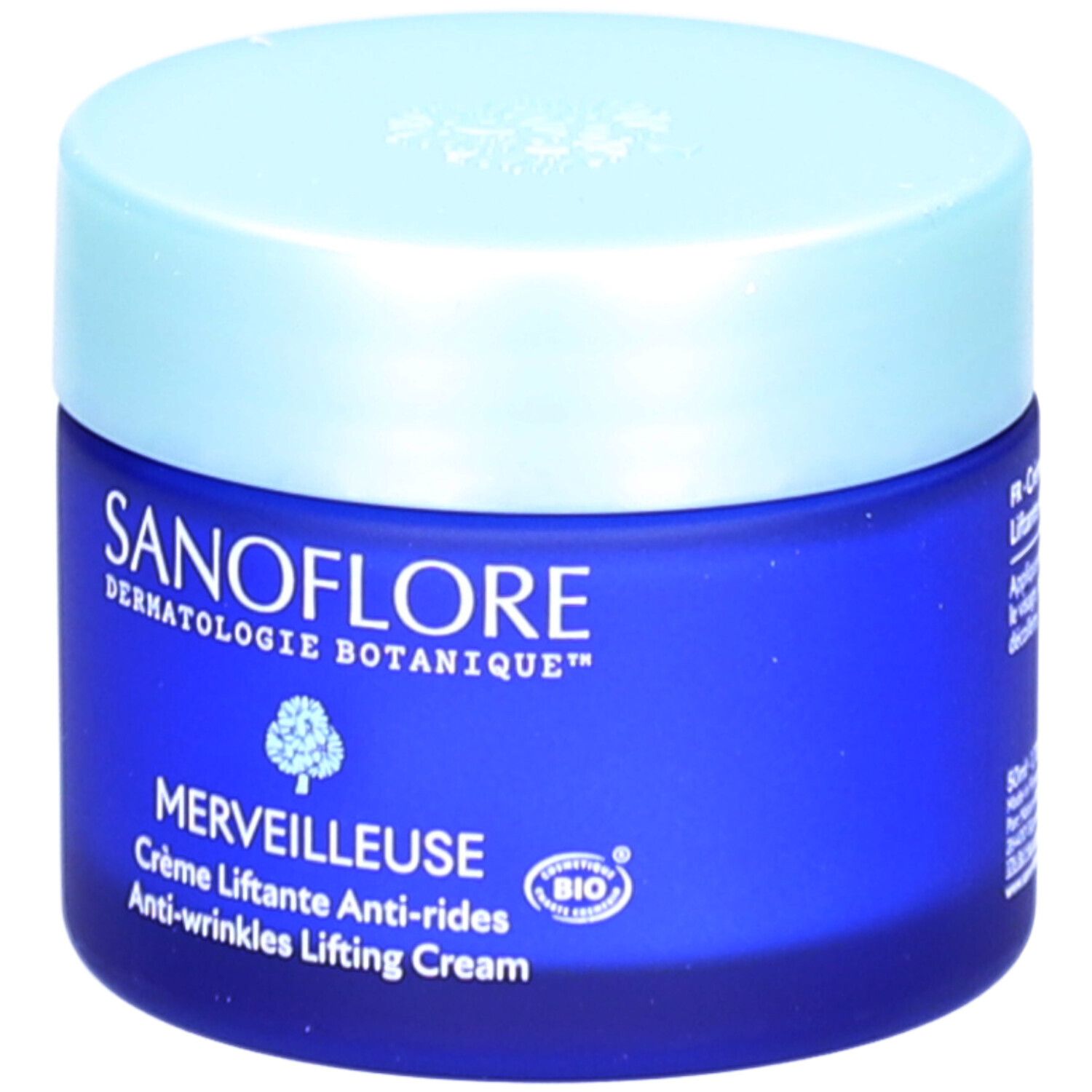 Pot bleu avec couvercle clair. Inscription: SANFLORE, MERVEILLEUSE, Crème Liftante Anti-rides. Label Bio.