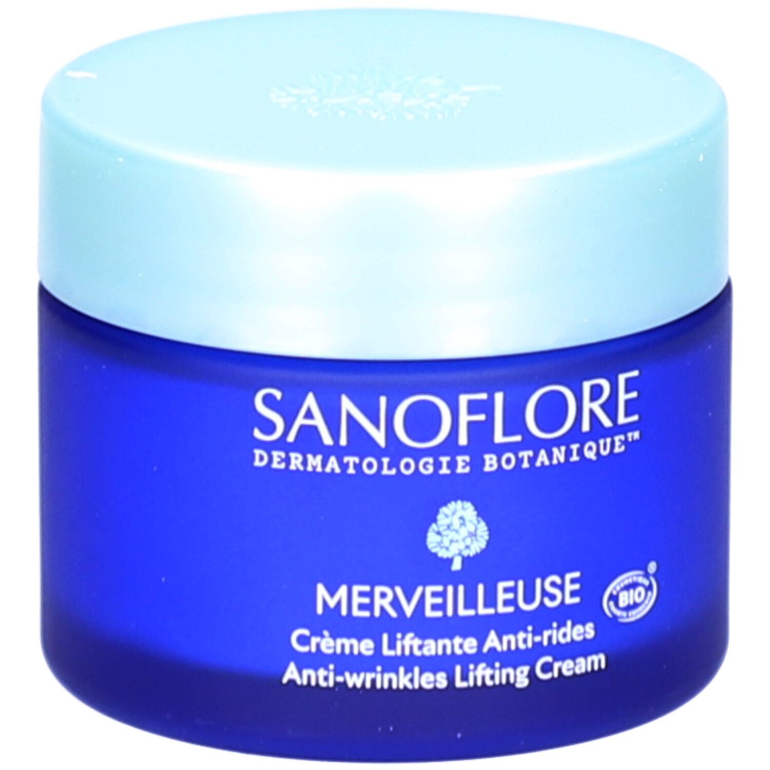 Pot bleu avec couvercle clair. Inscription: SANFLORE, MERVEILLEUSE, Crème Liftante Anti-rides. Label Bio.