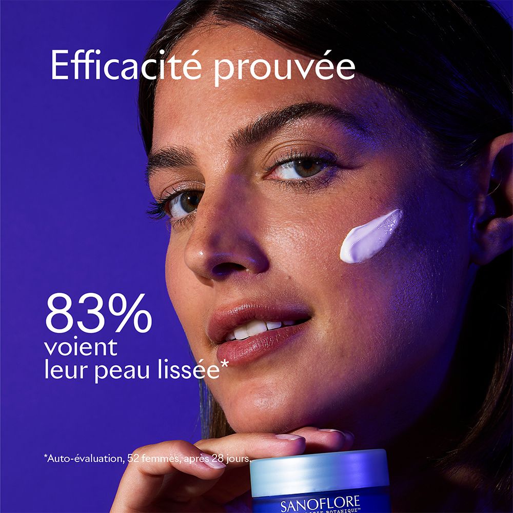 Vrouw met crème op de wang. Tekst: 83% zien hun huid gladder. Product: SANOFLORE Merveilleuse Crème Nuit Anti-rides.