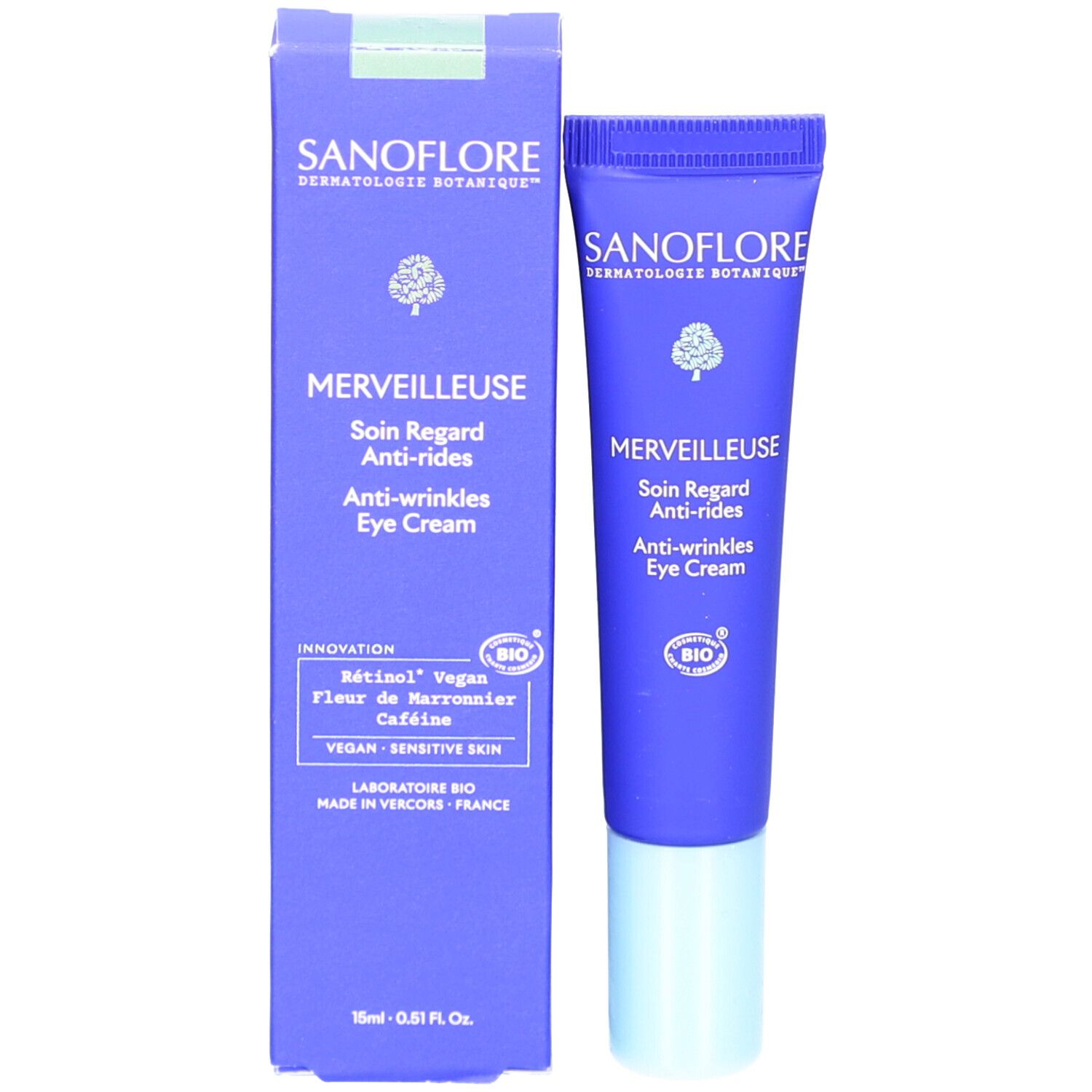 Emballage du produit: tube et boîte. Inscriptions: SANOFLORE, MERVEILLEUSE, Soin Regard Anti-rides, Anti-wrinkles Eye Cream, label BIO.