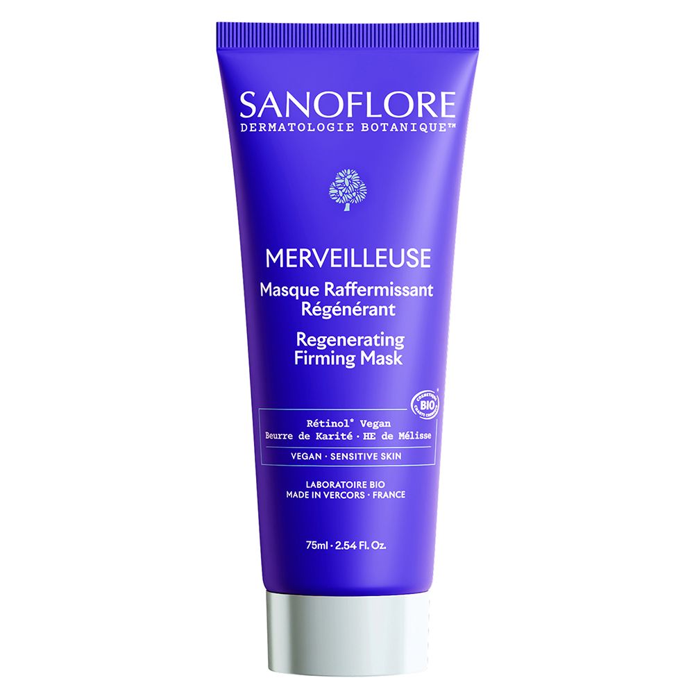 Tube violet avec bouchon blanc. Inscription: SANOFLORE, Merveilleuse Masque Raffermissant Régénérant. Certification bio.