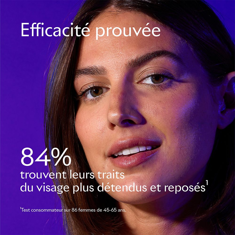 Portrait d'une femme. Texte: 84% trouvent leurs traits plus détendus. Texte: Efficacité prouvée.