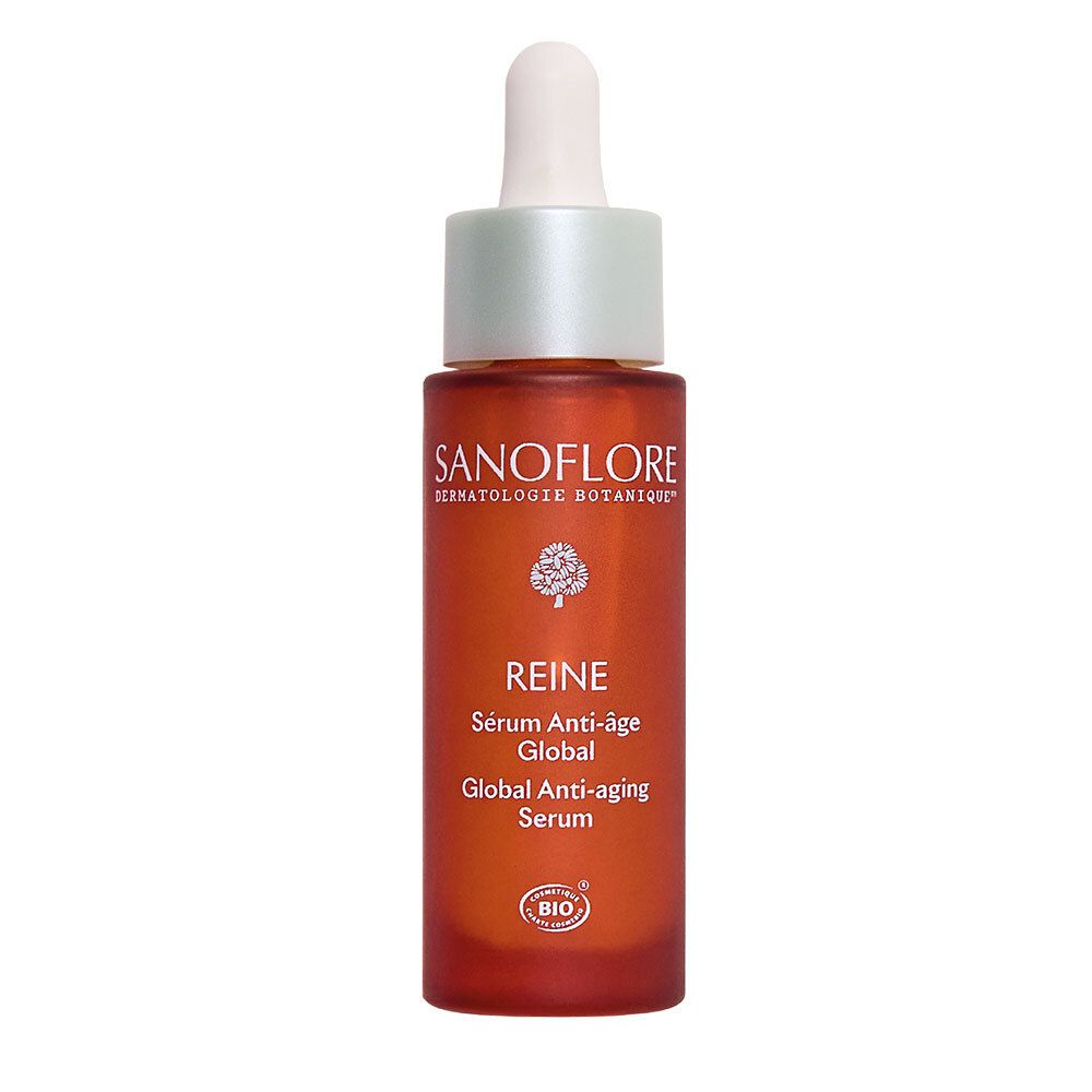 Sanoflore Anti-aging Serum fles met druppelaar. Oranje glas, witte letters.