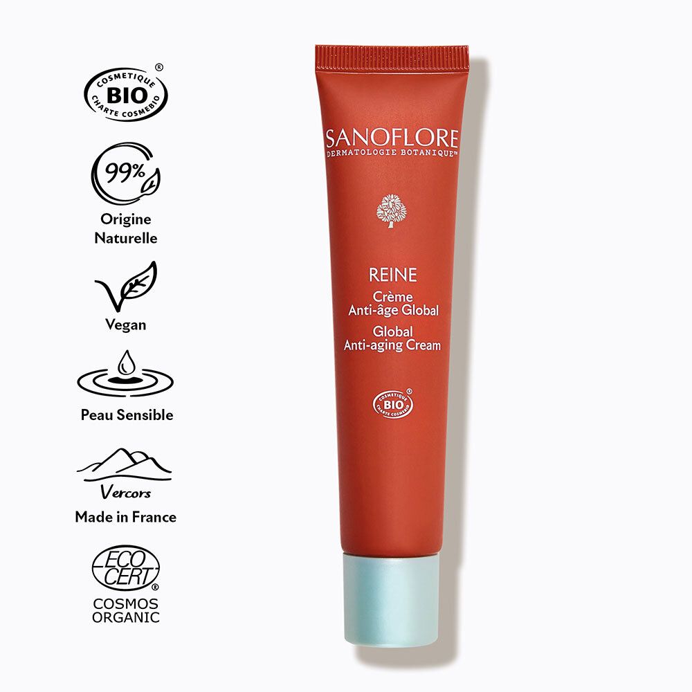 Tube Sanoflore Crème des Reines Légère avec logos : BIO, 99% d'origine naturelle, Vegan, Peau Sensible, Vercors, Fabriqué en France, ECO CERT COSMOS ORGANIC.