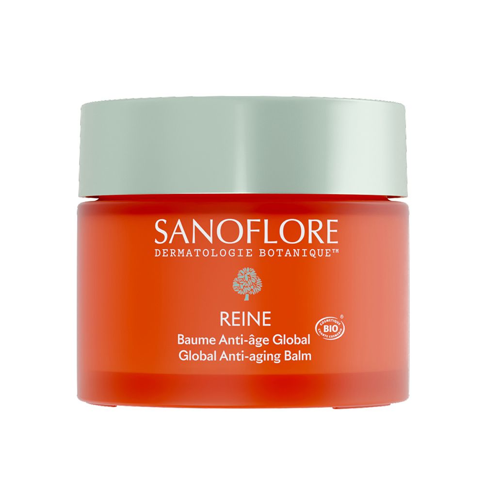 Pot rouge et couvercle vert. Inscription: Sanoflore, Reine, Baume Anti-Âge Global. Certification Bio.