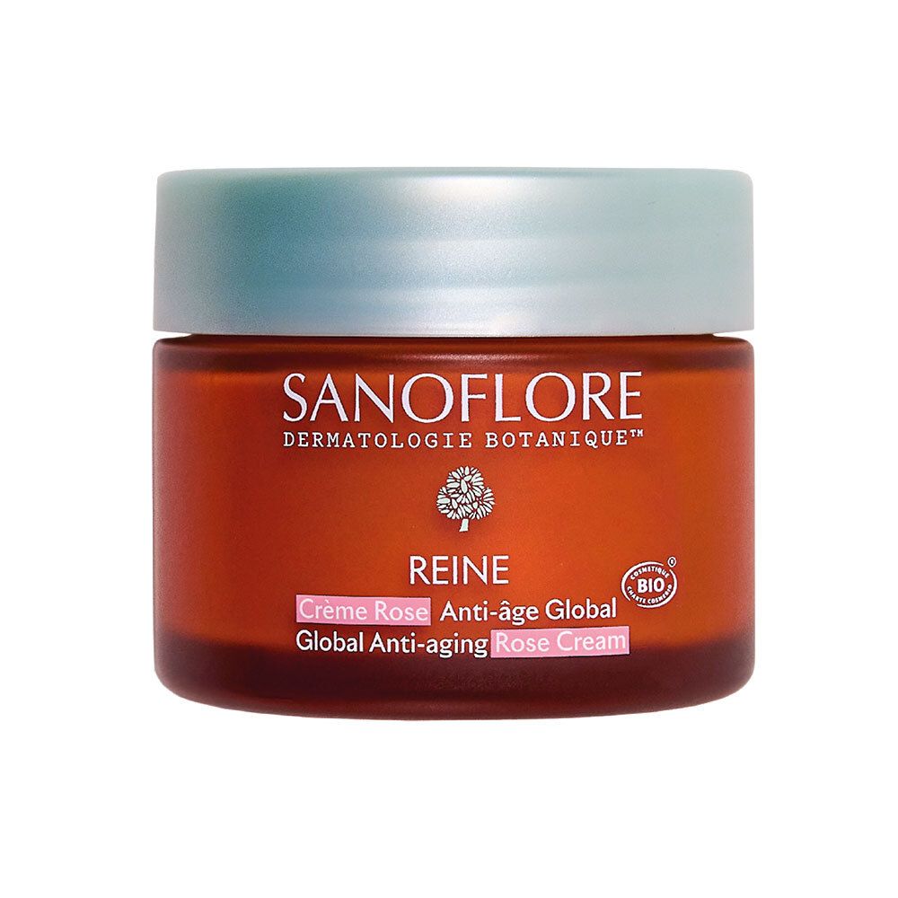 Pot rouge avec couvercle vert clair. Inscription: SANOFLORE, REINE Crème Rose Anti-âge Global. Label Bio.