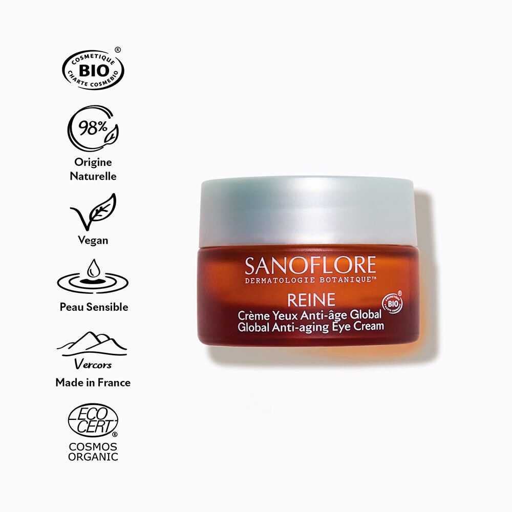 Sanoflore Reine Oogcrème met Bio- en Vegan-keurmerken en indicaties voor gevoelige huid.