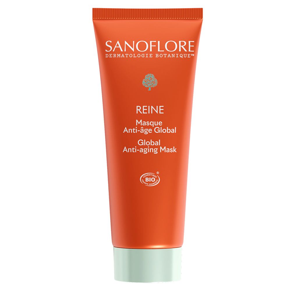 Oranje tube met witte tekst. Naam: REINE Masque Anti-âge Global. Merk: SANOFLORE. Bio-label.