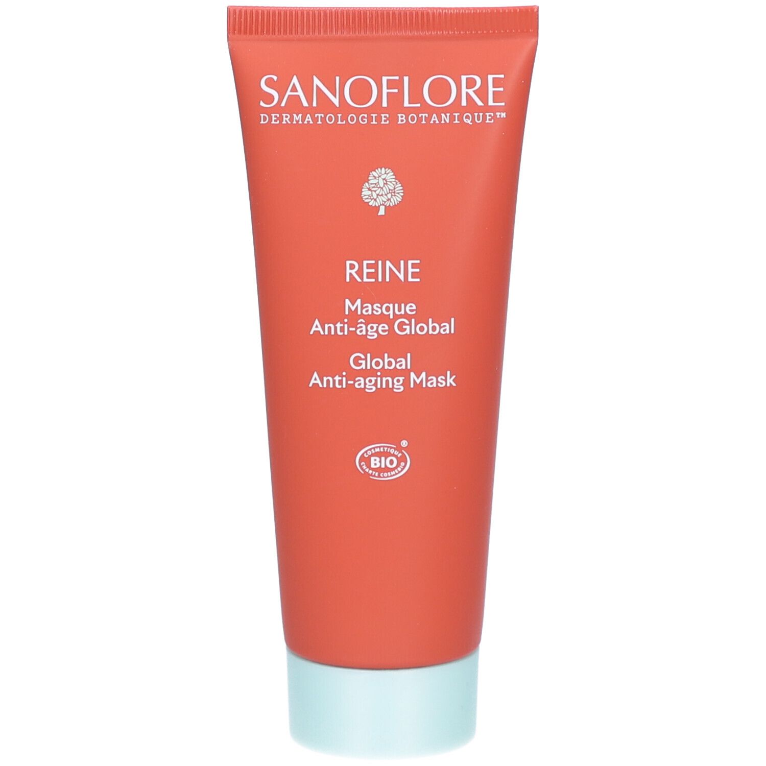 Rode tube met witte dop. Tekst: SANOFLORE, REINE, Masque Anti-âge Global, BIO-certificering.
