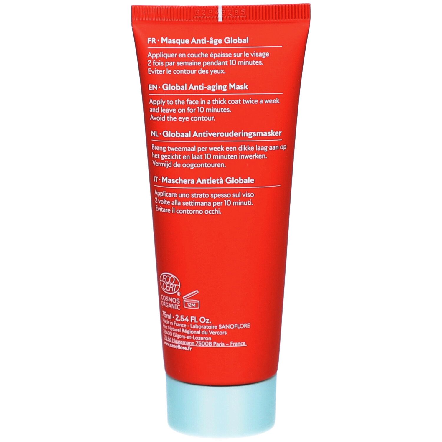 Achterkant van de rode tube. Meertalige tekst: gebruiksaanwijzing, ingrediënten, BIO-certificering.