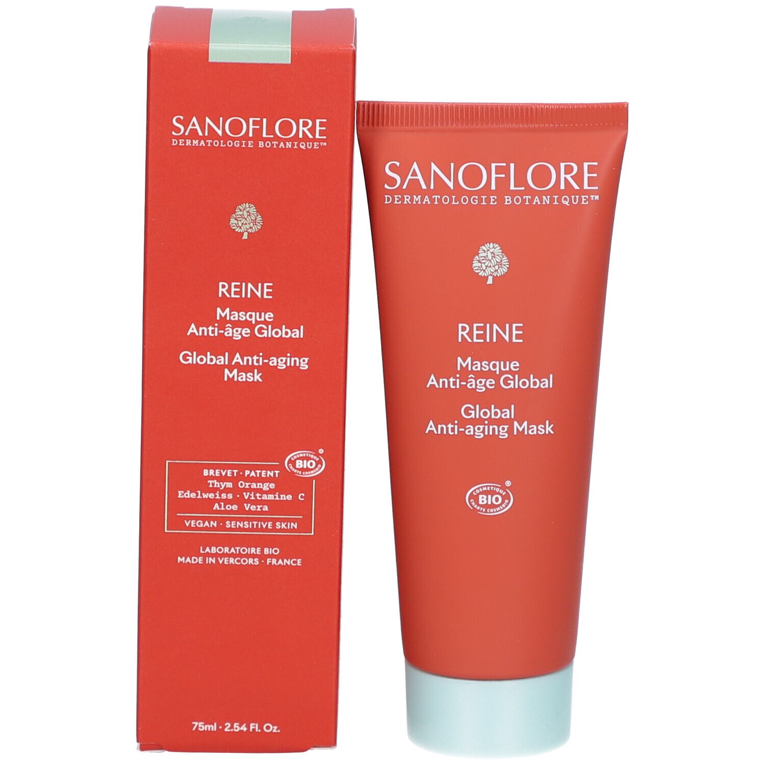 Product en verpakking. Rode doos en tube. Tekst: SANOFLORE, REINE, Masque Anti-âge Global, BIO.