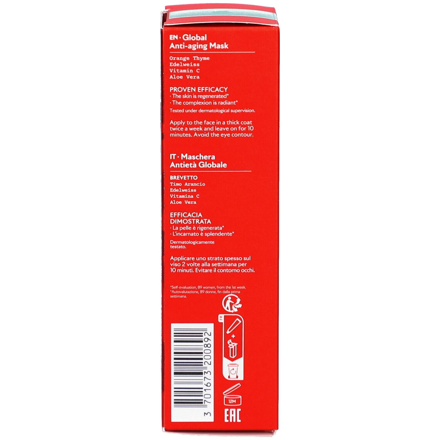 Achterkant van de rode doos. Meertalige tekst: gebruik, ingrediënten, barcode.