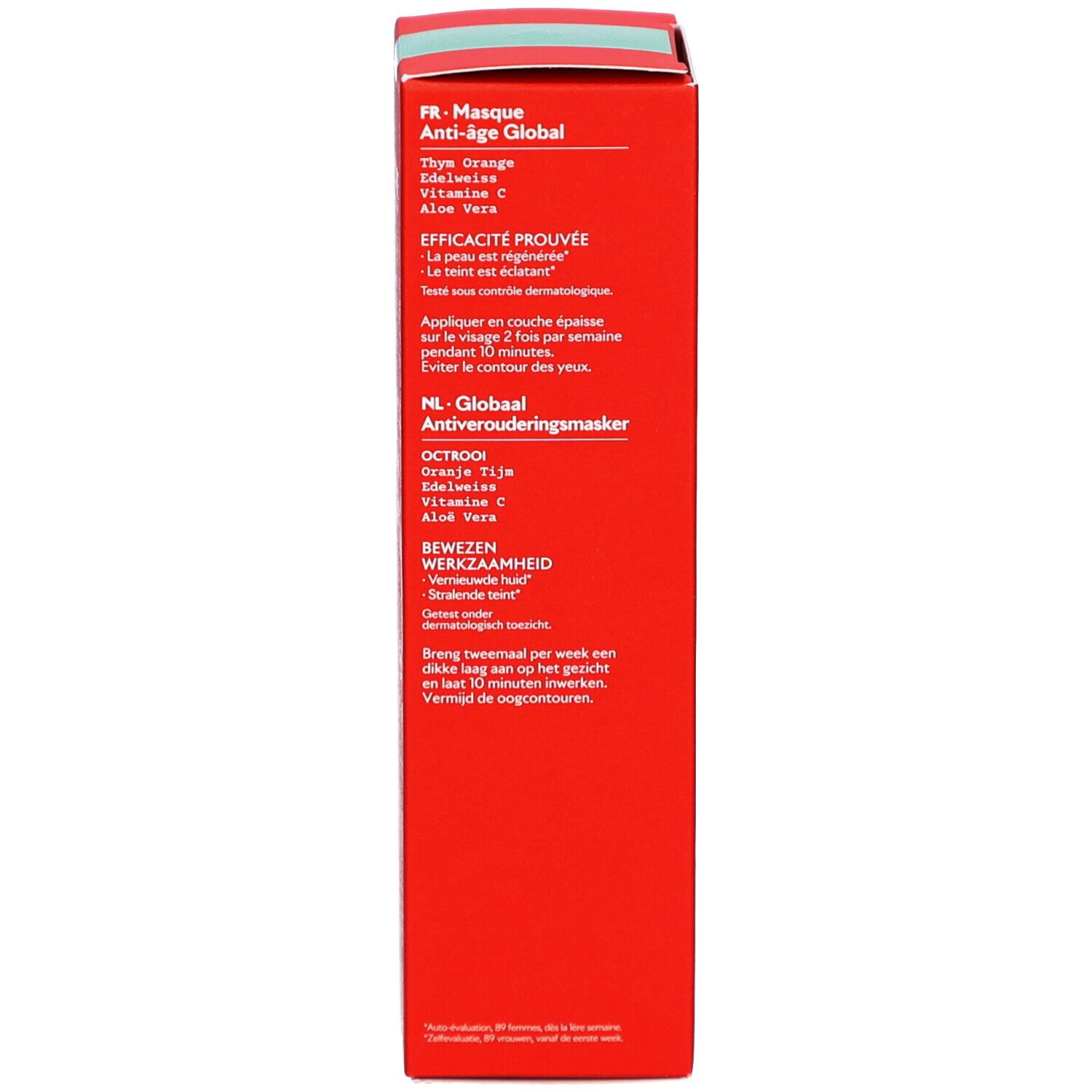 Zijkant van de rode doos. Meertalige tekst: gebruik, ingrediënten, BIO-certificering.