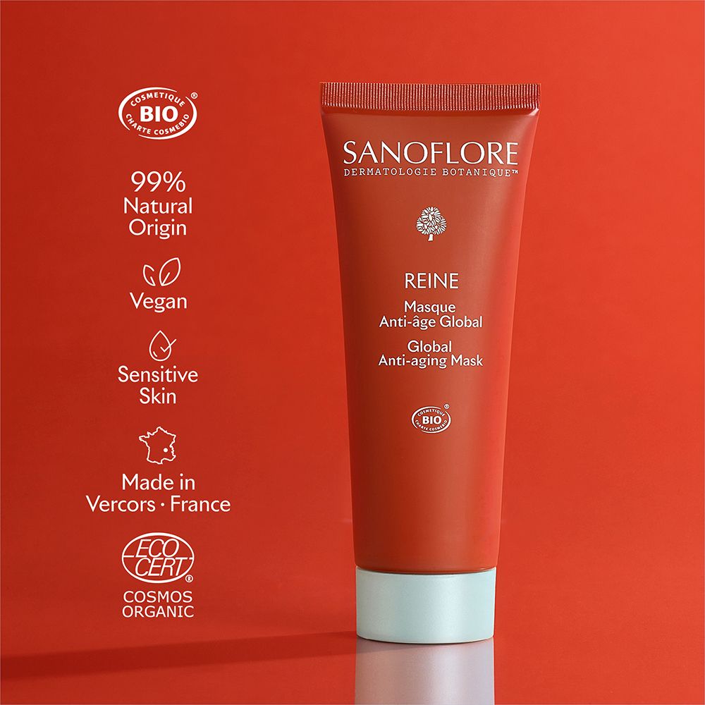 Oranje tube met witte tekst. Naam: REINE Masque Anti-âge Global. Merk: SANOFLORE. Bio-label. Vegan.