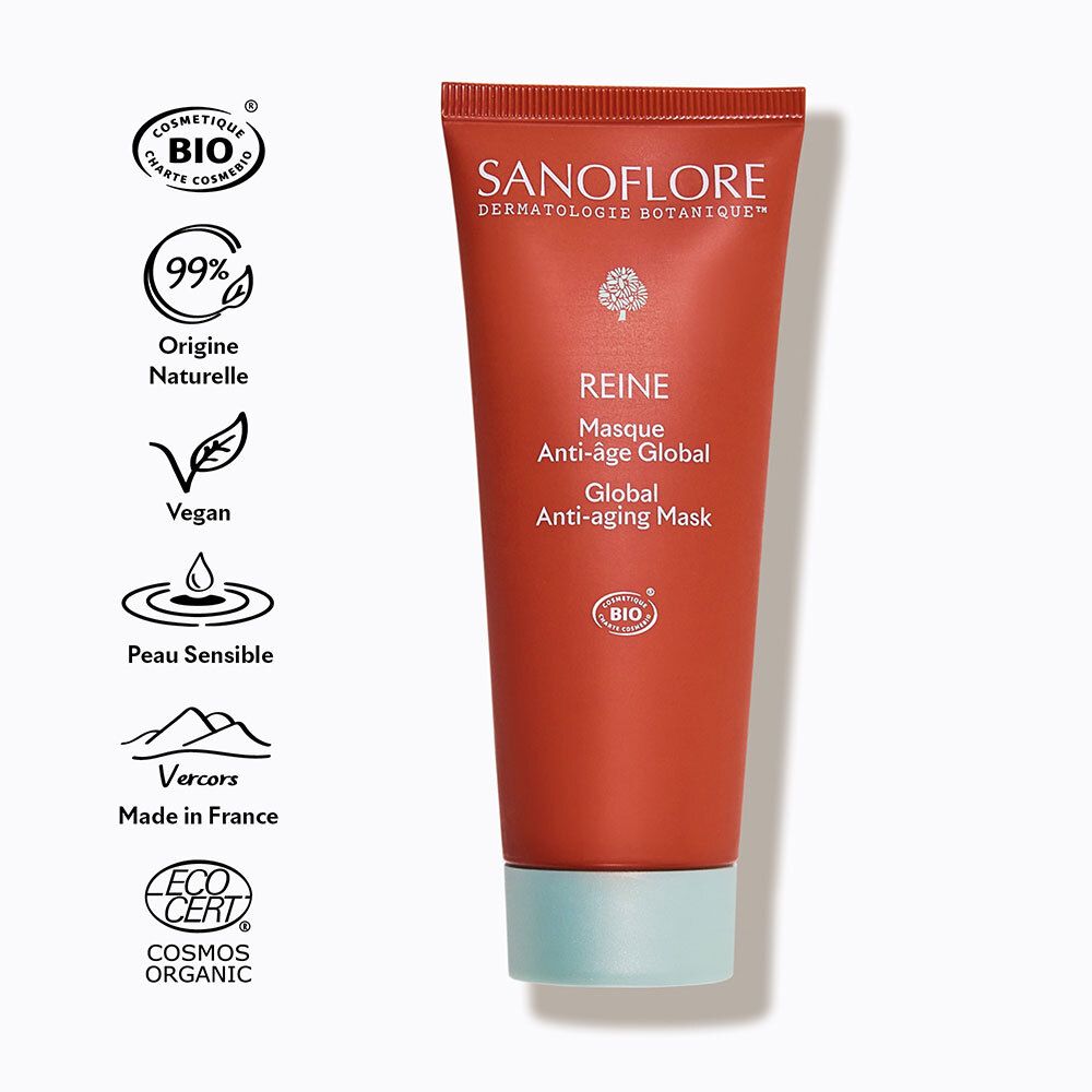 Tube de masque Sanoflore orange avec divers labels Bio à gauche.