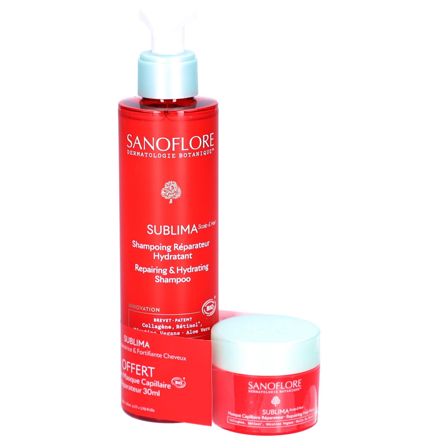 Shampooing et masque rouges. Flacon de shampooing avec pompe, masque en pot. Texte: SANOFLORE, SUBLIMA, Shampooing Réparateur, Masque Capillaire.