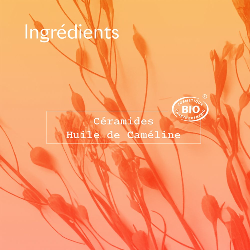 Achtergrond met planten. Tekst: Ingrédients, Céramides, Huile de Caméline. Bio-certificering.