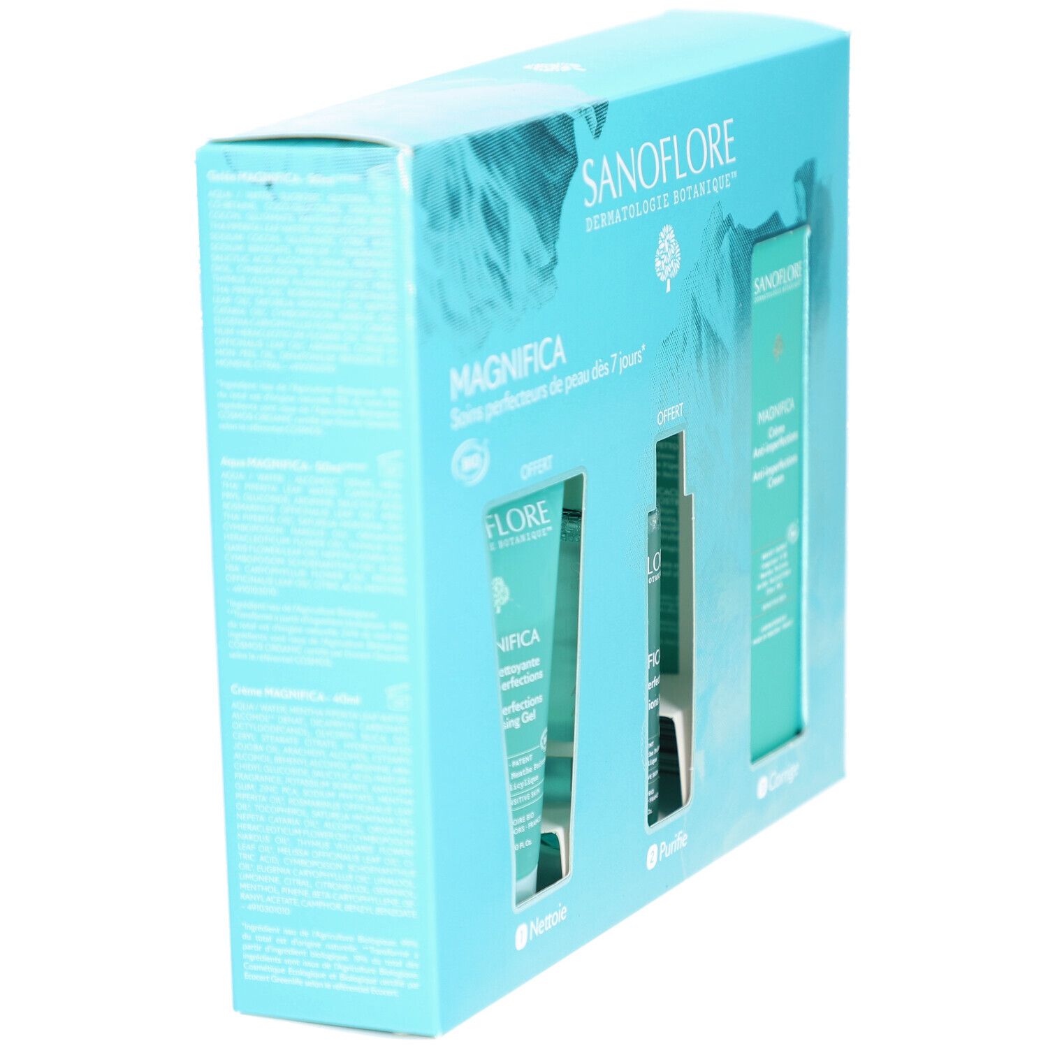Coffret cadeau SANOFLORE vu de côté. Contient gel nettoyant, Aqua et crème. Emballage bleu clair.