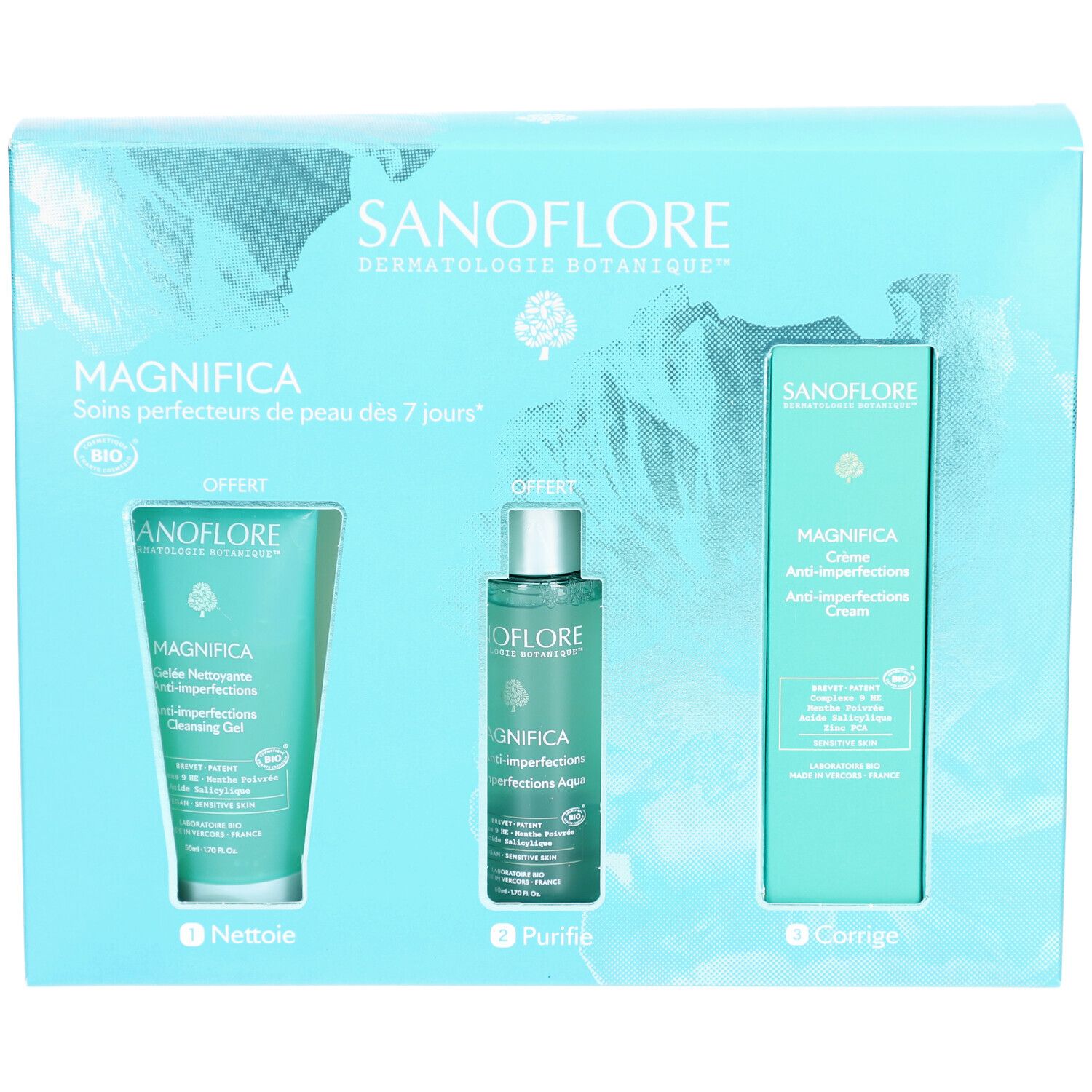 Coffret cadeau SANOFLORE avec trois produits. Gel nettoyant, Aqua et crème. Emballage bleu clair.