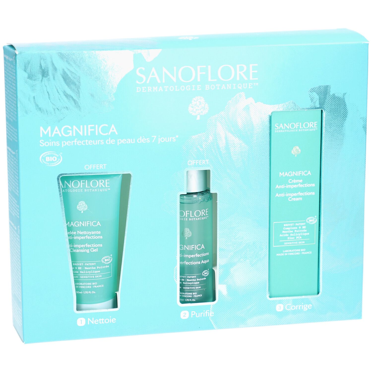 Coffret cadeau SANOFLORE avec trois produits. Gel nettoyant, Aqua et crème. Emballage bleu clair.