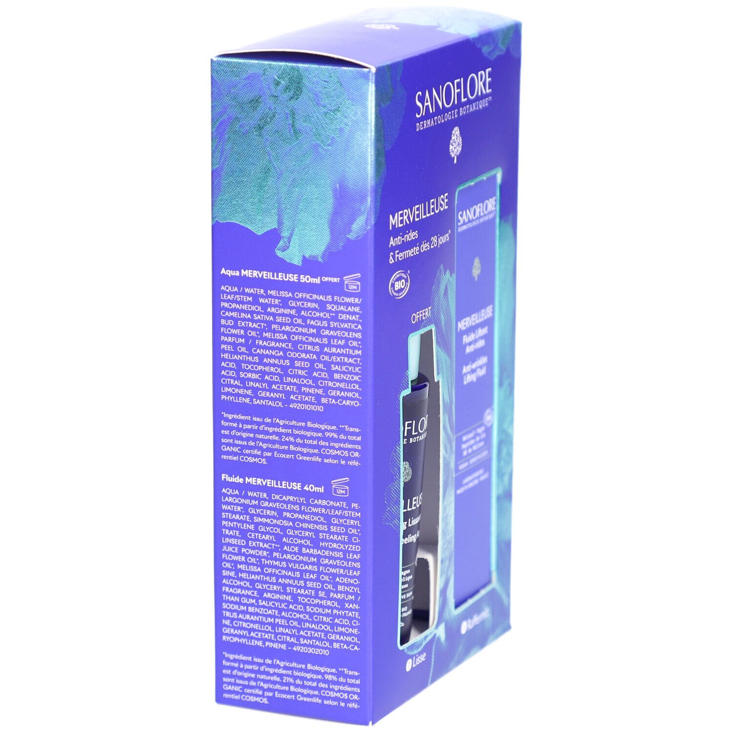 Vue latérale du coffret cadeau. Affiche les ingrédients et les noms des produits. Inscription: SANOFLORE, MERVEILLEUSE.
