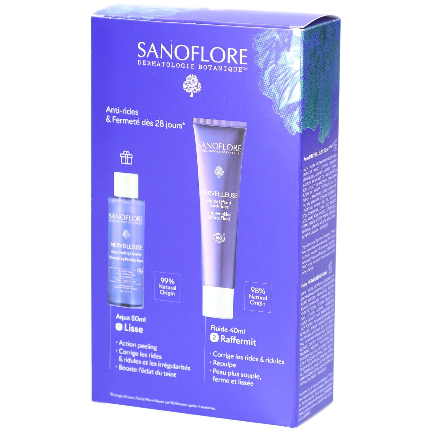 Dos du coffret cadeau. Montre une bouteille et un tube. Inscription: SANOFLORE, MERVEILLEUSE, certification BIO.