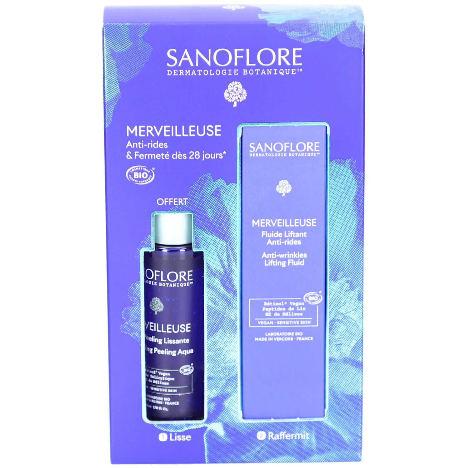 Coffret cadeau avec deux produits. Contient une bouteille et un tube dans une boîte violette. Inscription: SANOFLORE, MERVEILLEUSE.