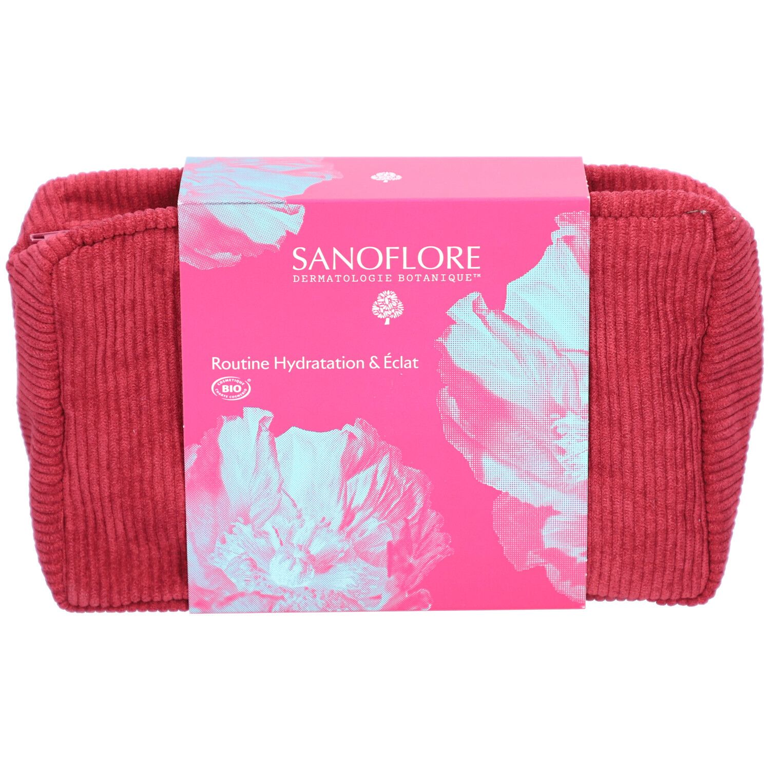 Trousse de toilette rouge avec emballage rose. Inscription SANOFLORE, Routine Hydratation & Éclat. Certification Bio.
