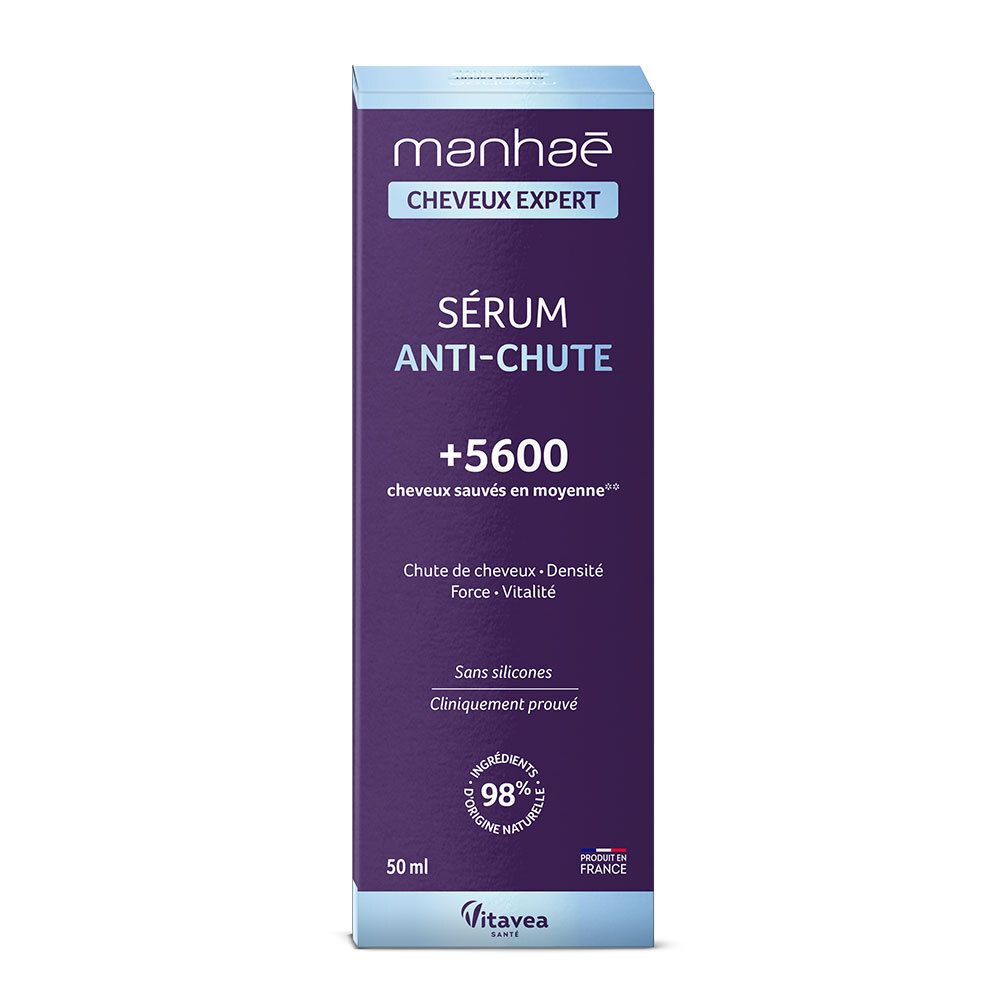 Manhaé Cheveux Expert Sérum Anti-Chute. Paarse doos met productinfo. 50 ml. Vitavea-logo.