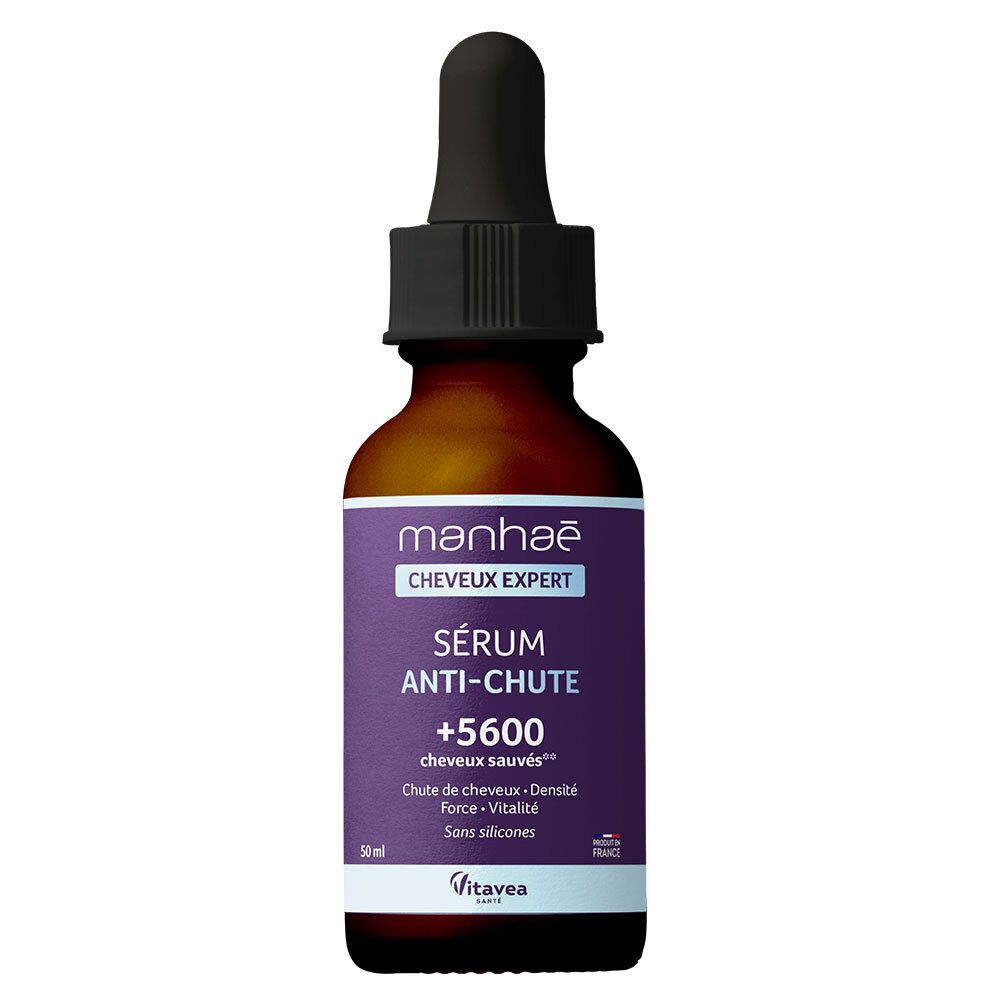Bruine fles Manhaé Sérum Anti-Chute met pipet. Paars etiket met info. 50 ml. Vitavea.