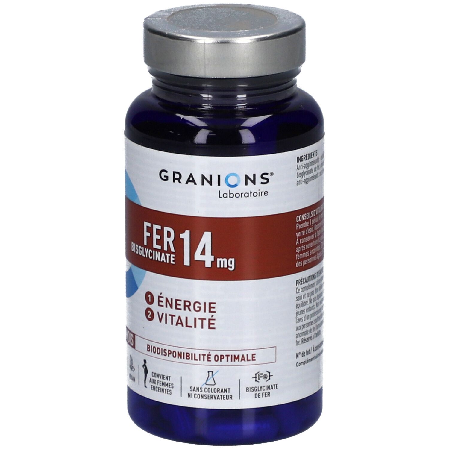 Flacon bleu de gélules. Inscriptions: GRANIONS, FER 14 mg, Énergie, Vitalité. Vegan, convient aux femmes enceintes, sans colorant.