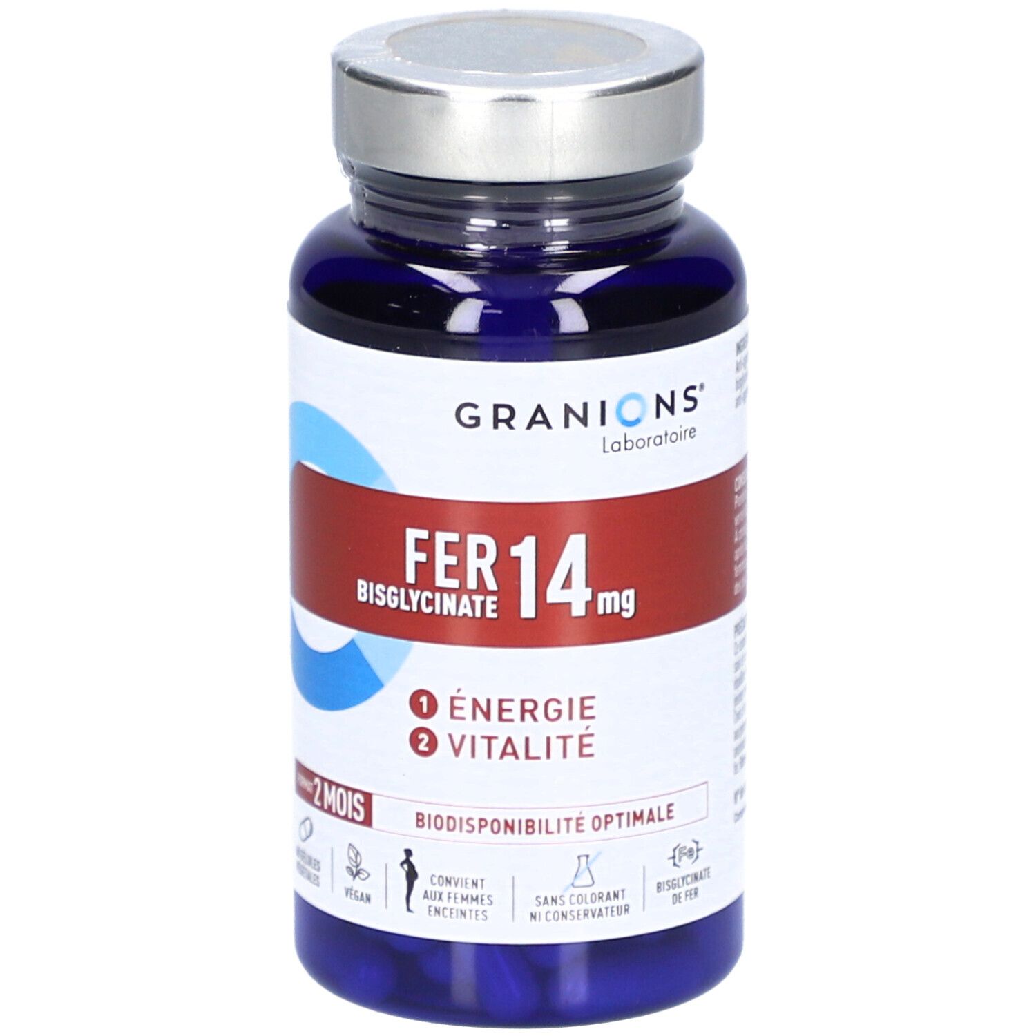 Flacon bleu de gélules. Inscriptions: GRANIONS, FER 14 mg, Énergie, Vitalité. Vegan, convient aux femmes enceintes.