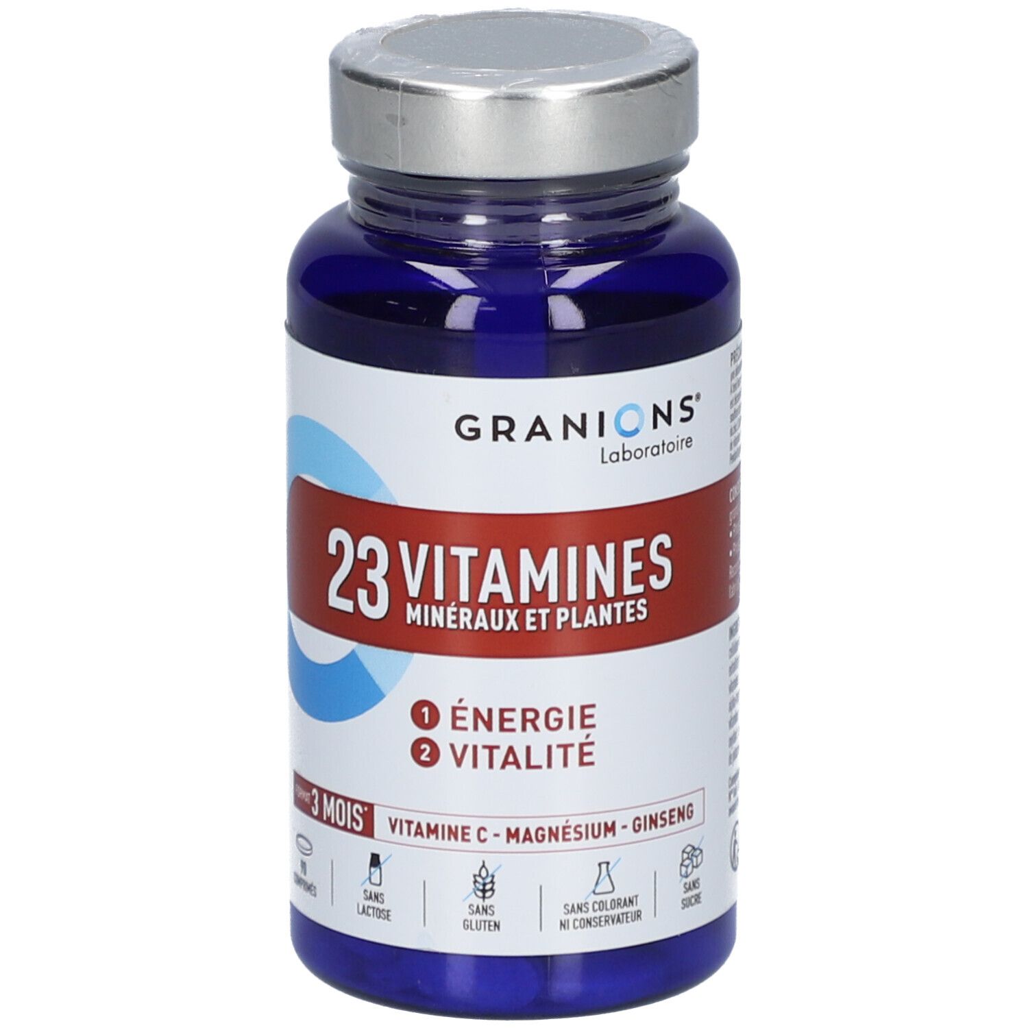 Blauwe fles met zilveren dop. Opschrift: GRANIONS 23 VITAMINES. Bevat mineralen en planten. 90 tabletten.