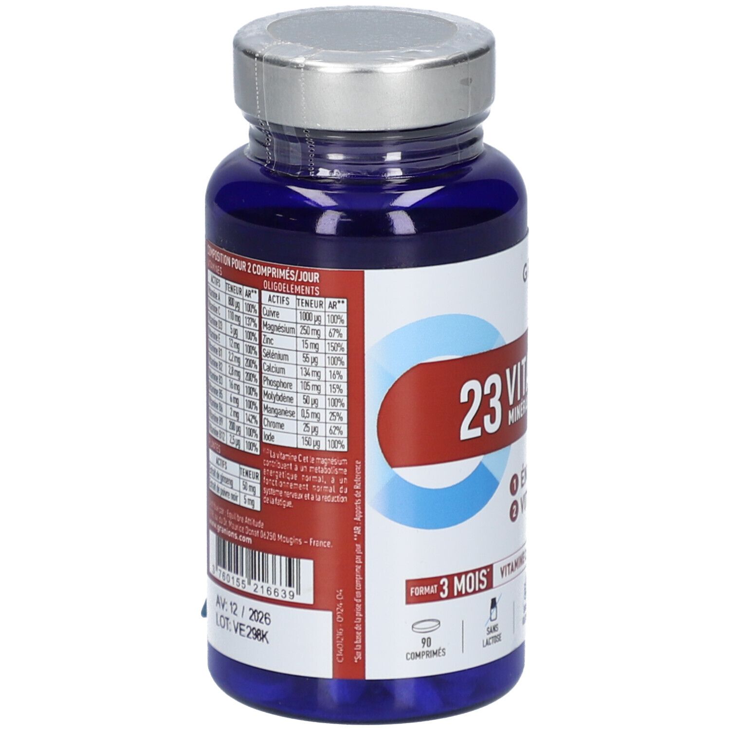 Achterkant blauwe fles met zilveren dop. Ingrediënten en voedingswaarde. 90 tabletten. Houdbaarheidsdatum.