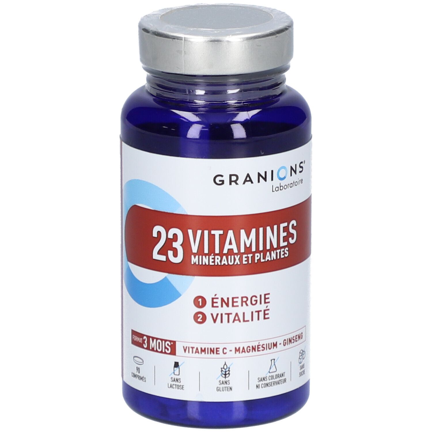Blauwe fles met zilveren dop. Opschrift: GRANIONS 23 VITAMINES. Bevat mineralen en planten. 90 tabletten.