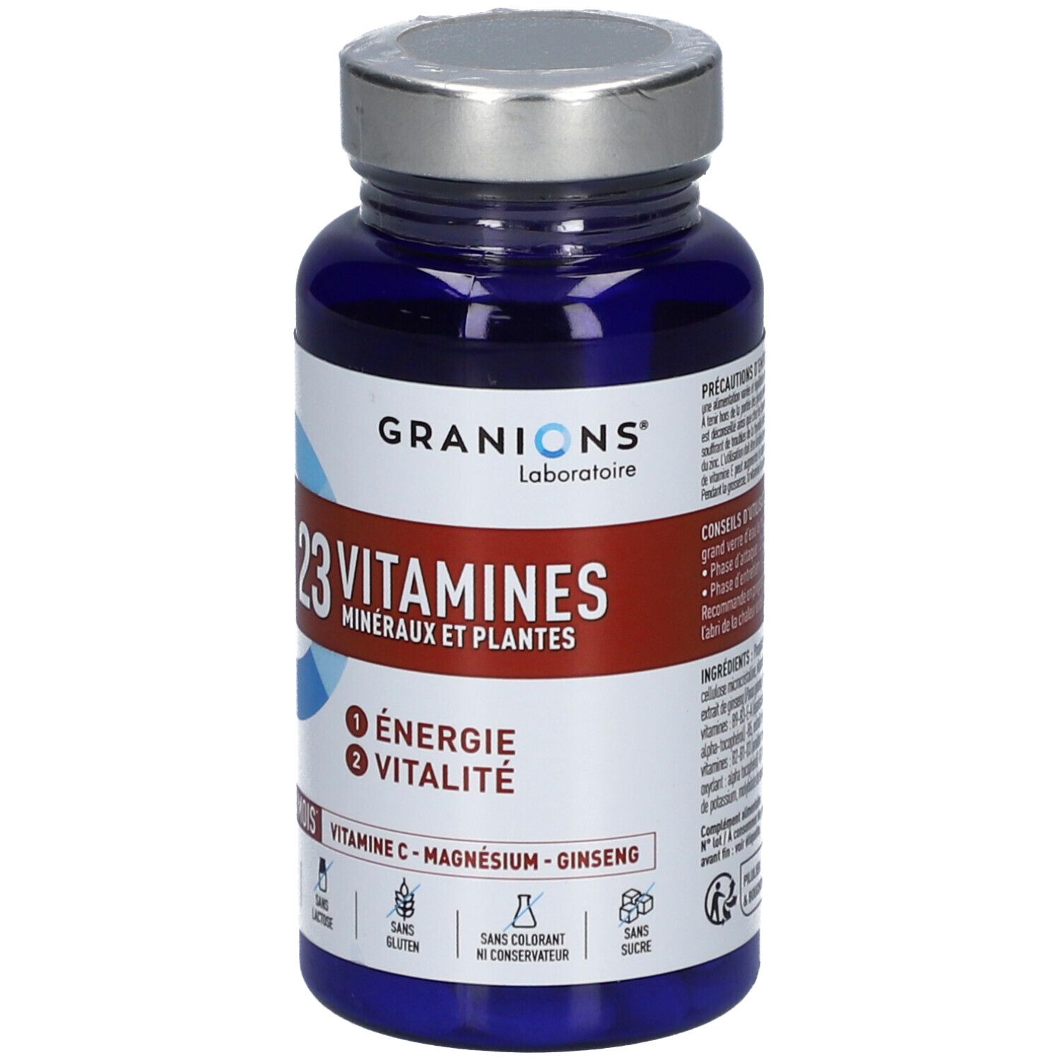 Blauwe fles met zilveren dop. Opschrift: GRANIONS 23 VITAMINES. Bevat mineralen en planten. Logo's.