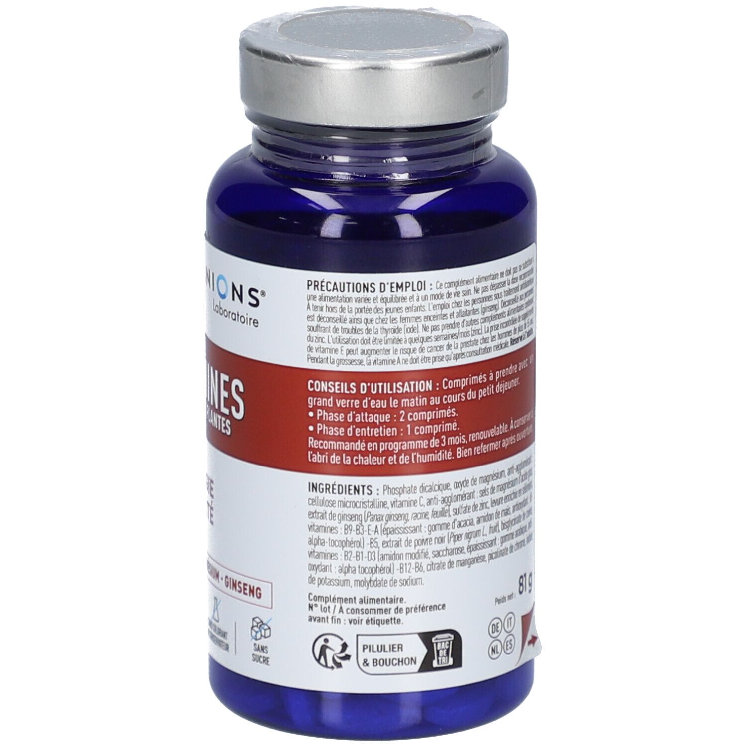 Achterkant blauwe fles met zilveren dop. Ingrediënten, gebruiksaanwijzing, voorzorgsmaatregelen. Gewicht 81g.