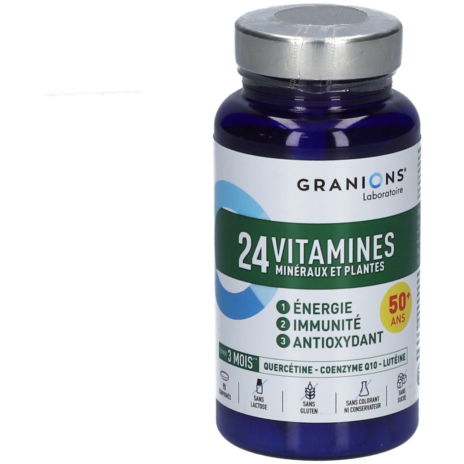 Flacon bleu avec étiquette blanche et verte. Inscription: 24 VITAMINES, 1 Énergie, 2 Immunité, 3 Antioxydant. Marque: GRANIONS.