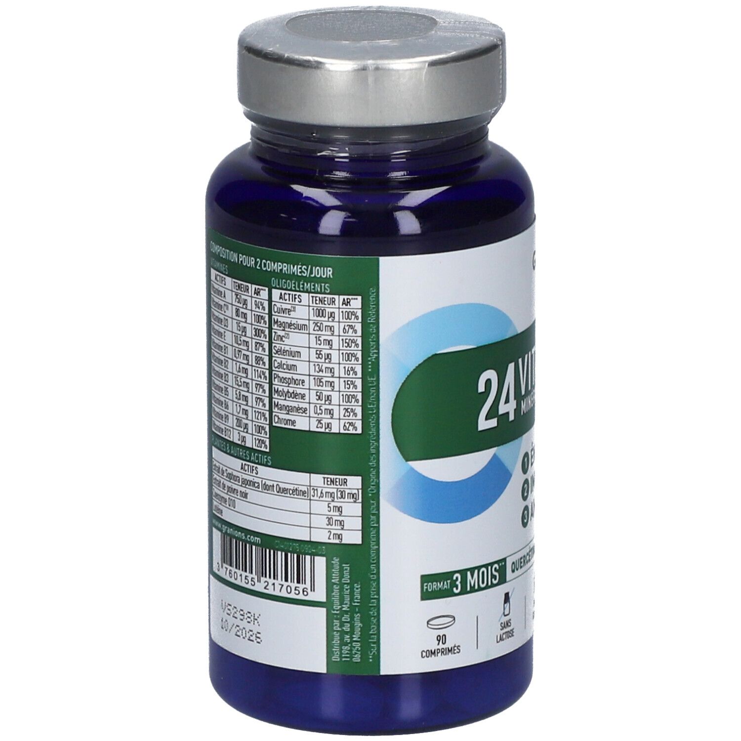 Dos du flacon bleu. Contient un tableau des ingrédients et des valeurs nutritionnelles. Inscription: 24 VITAMINES. 90 comprimés.