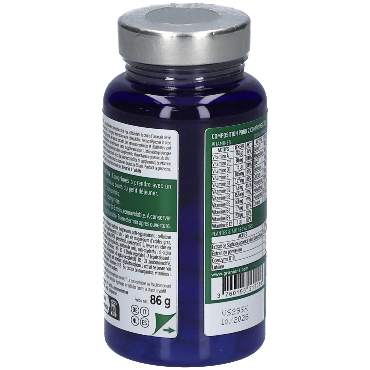 Dos du flacon bleu. Contient des informations sur l'utilisation et les ingrédients. Inscription: 24 VITAMINES. 86 g.