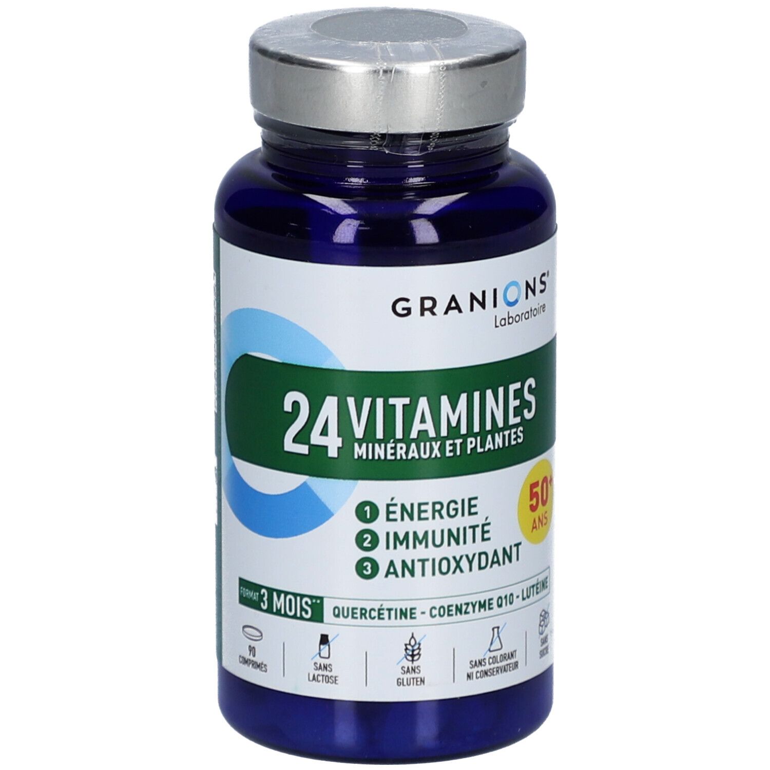 Flacon bleu avec étiquette blanche et verte. Inscription: 24 VITAMINES, 1 Énergie, 2 Immunité, 3 Antioxydant. Marque: GRANIONS.
