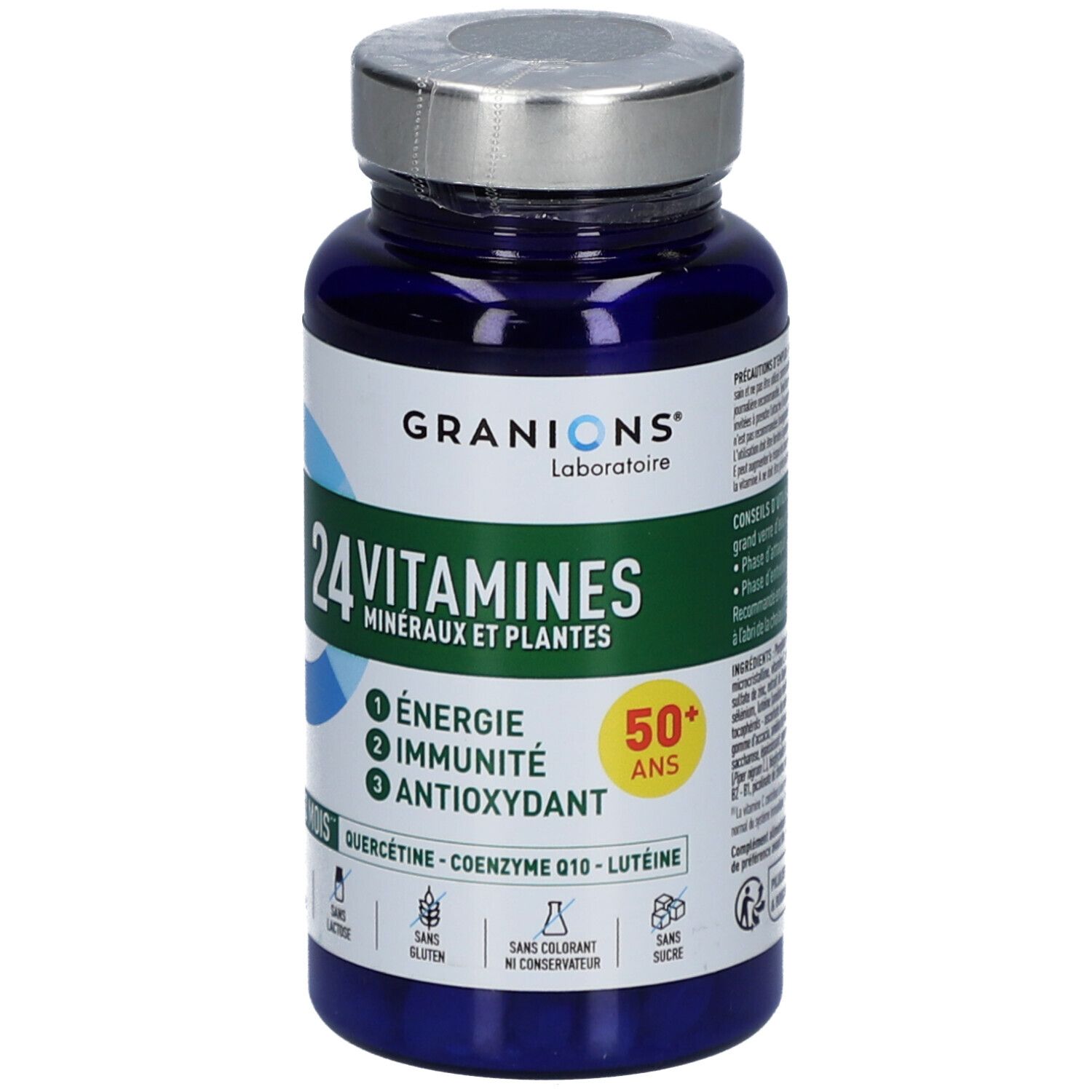 Flacon bleu avec étiquette blanche et verte. Inscription: 24 VITAMINES, 1 Énergie, 2 Immunité, 3 Antioxydant. Marque: GRANIONS.