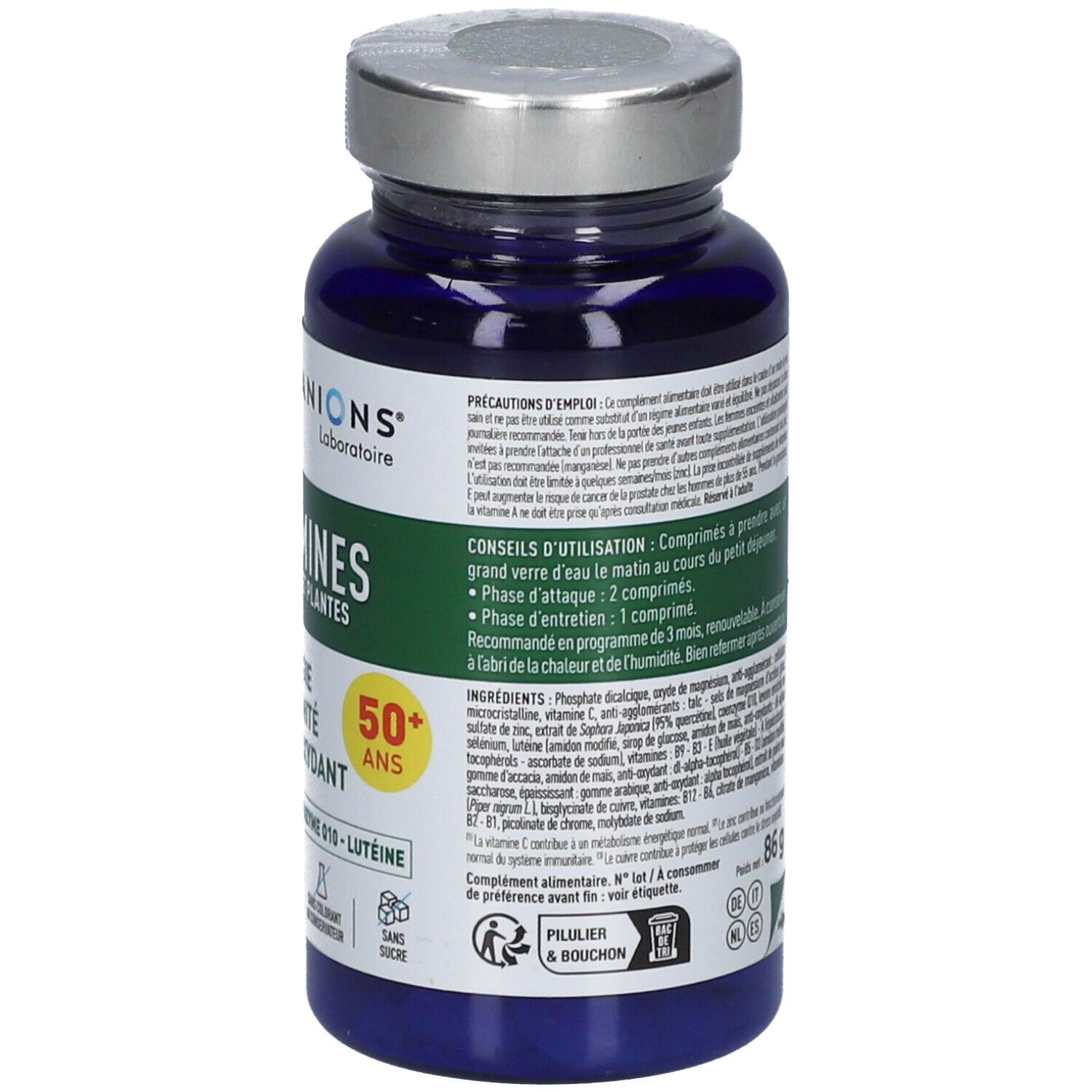 Dos du flacon bleu. Contient des informations sur l'utilisation et les ingrédients. Inscription: 24 VITAMINES. 86 g.
