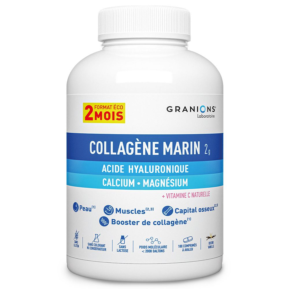 Flacon blanc. Contient collagène, acide hyaluronique, calcium, magnésium et vitamine C. Format 2 mois.