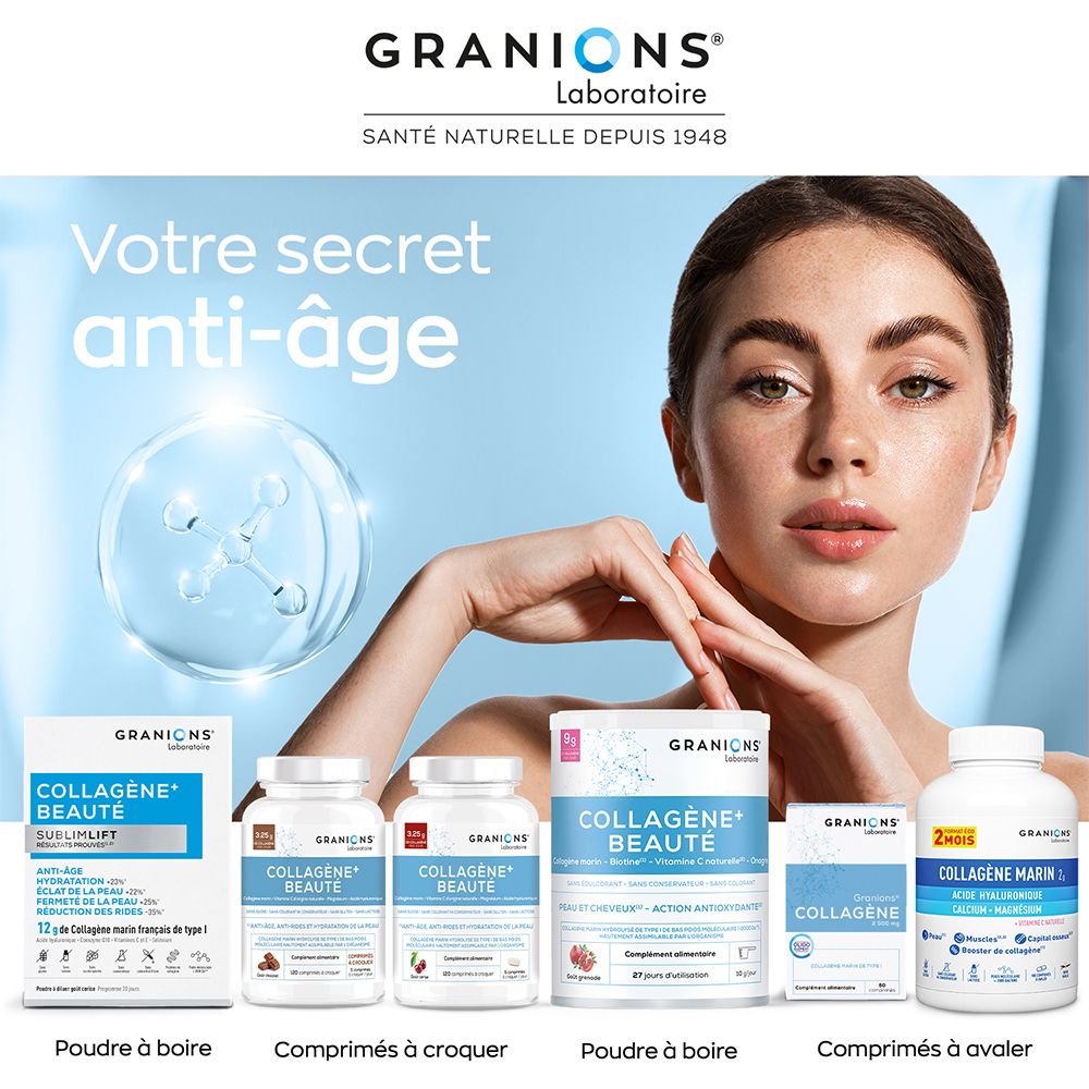 Différents emballages de produits. Contient collagène, acide hyaluronique, calcium, magnésium. Produits anti-âge.